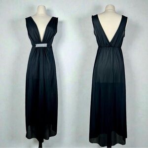 Vintage 1960s Black Nylon Nightgown S Deep V Empire Waist Silver Soutache Trim